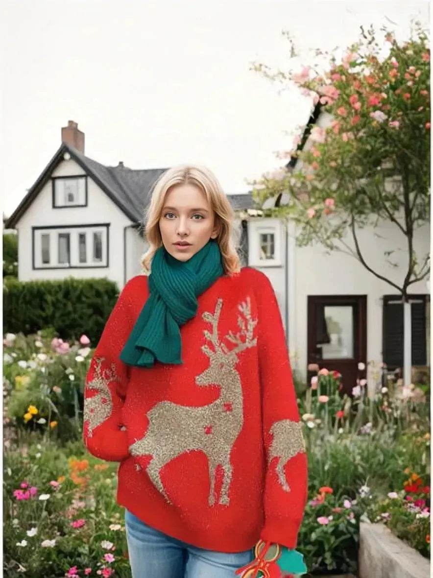 Christmas Deer Snowflakes Knit Sweater Pullover Round Neck Christmas Elk - EX-STOCK Canada