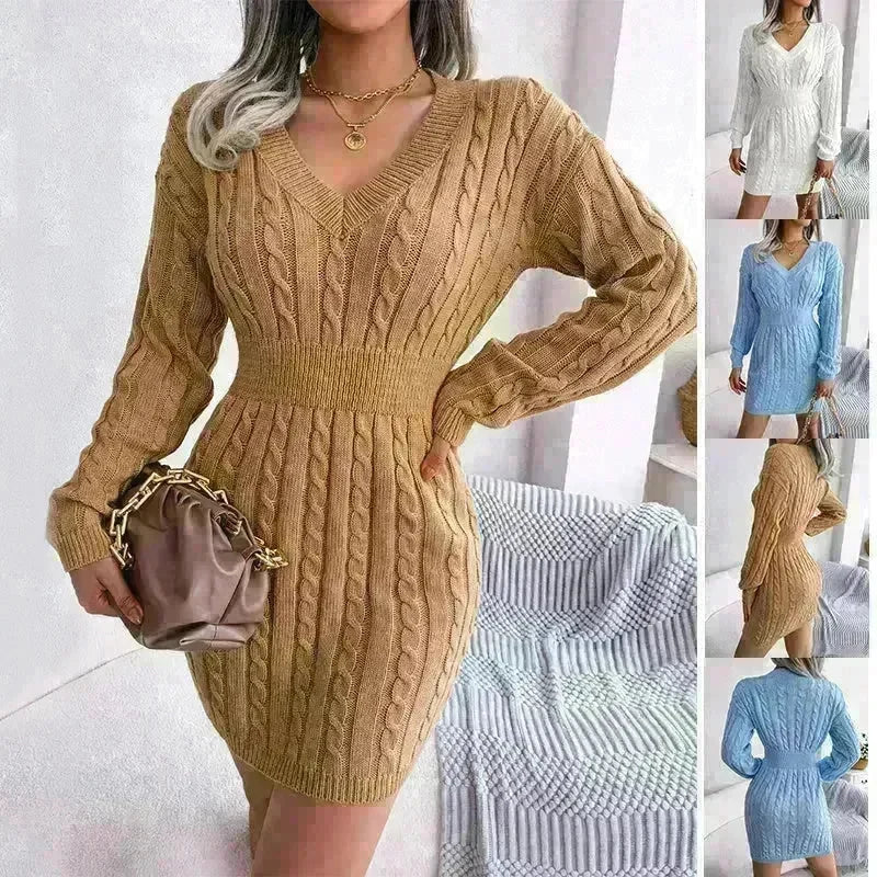 Solid Color V-Neck Long Sleeve Slim fit Winter Knit Mini sweater Dress Slim - EX-STOCK CANADA