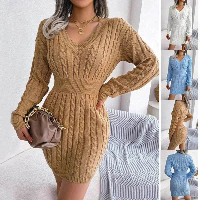 Solid Color V-Neck Long Sleeve Slim fit Winter Knit Mini sweater Dress Slim - EX-STOCK Canada