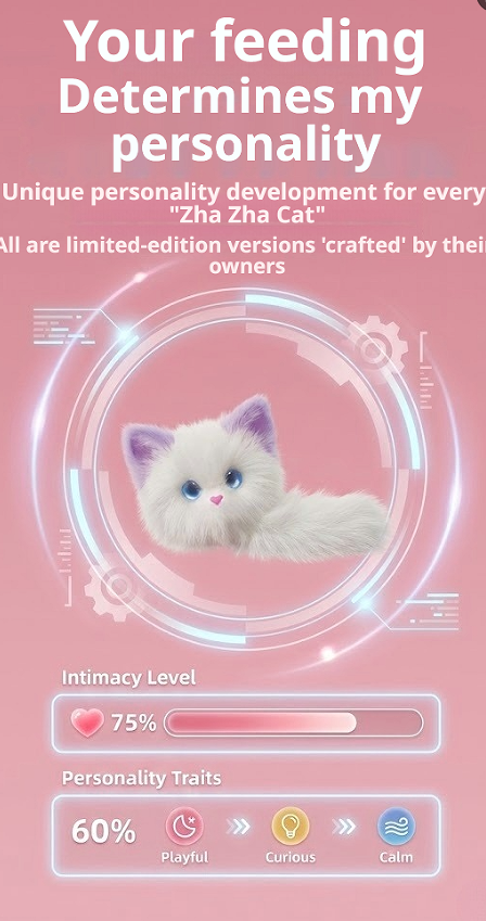 Pink promotional graphic for a pet personality tracking device or app, featuring a white cat illustration inside a futuristic circular interface with text such as 'Your feeding Determines my personality' and progress bars labeled Intimacy Level and Personality Traits.