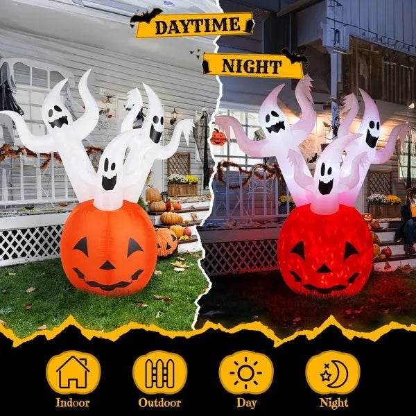 5.9 FT Halloween Inflatable Pumpkin Ghost Outdoor Decorations, Scary Blow Up Yard Decor With Built-in LED Lights For Holiday Party Yard Lawn Garden Decor Indoor Outdoor - EX-STOCK Canada