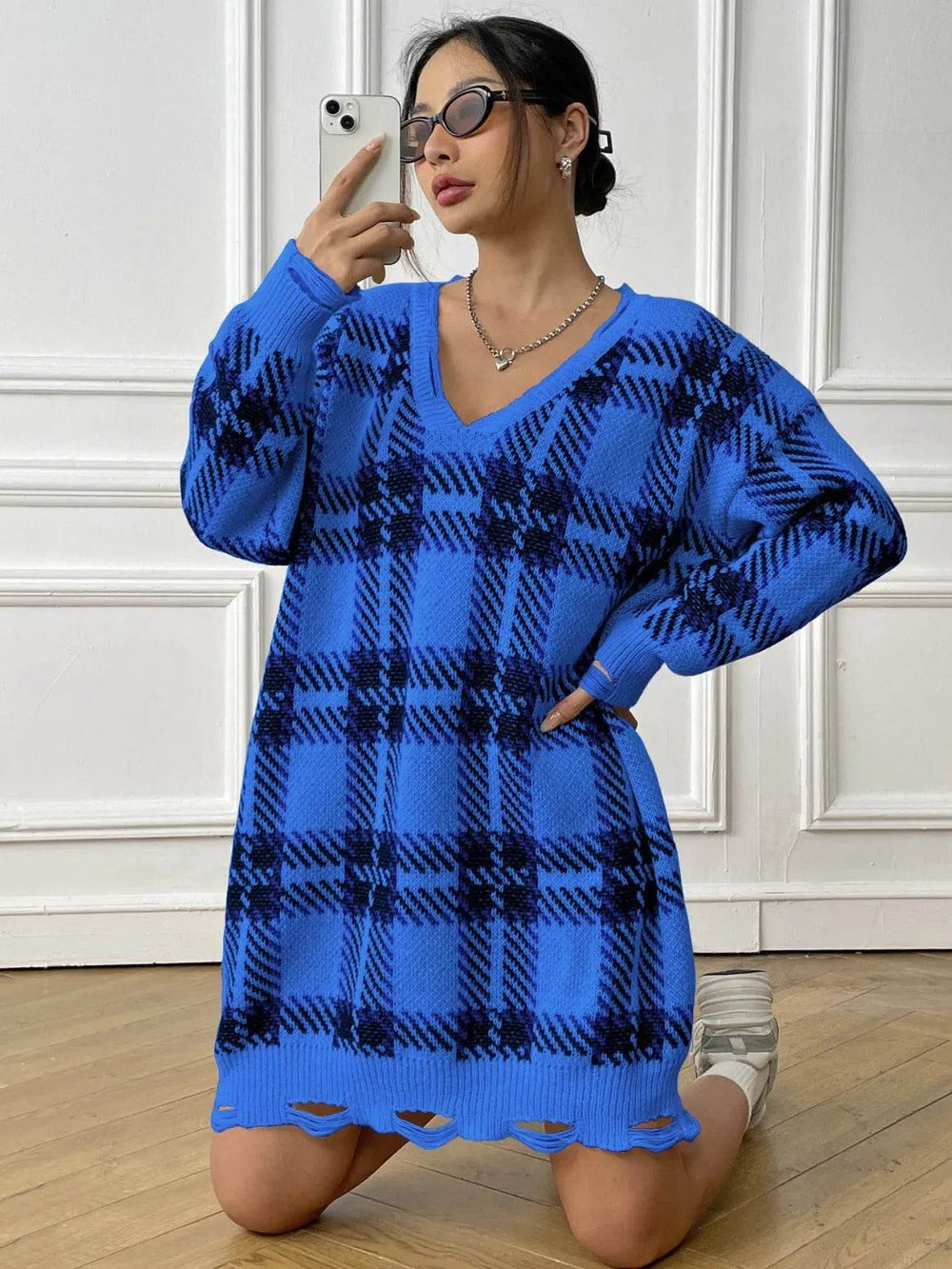 Deer Plush V-neck Long Sleeve Plaid Winter Jumper Mini dress - EX-STOCK Canada