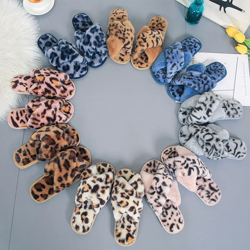 Cross-strap Fuzzy Slippers Leopard Plush House Shoes Flat Bedroom Slippers Slippers For Women EX-STOCK Canada