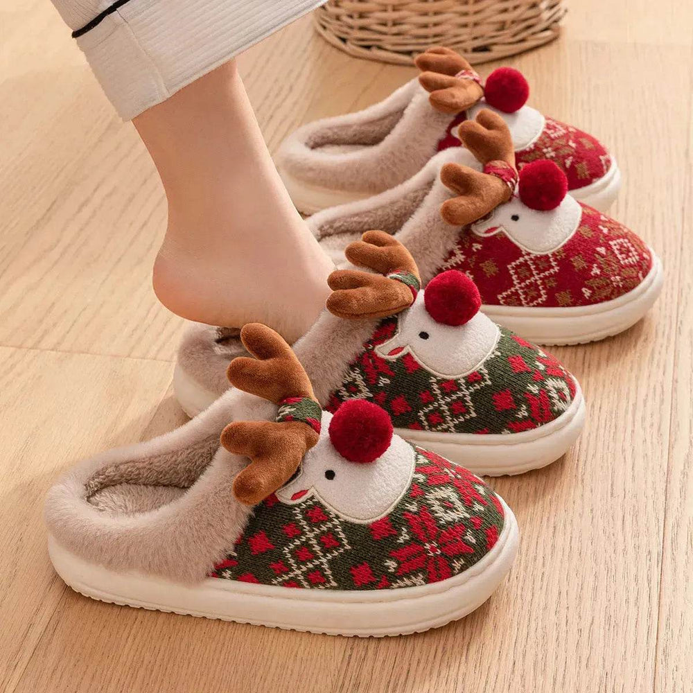 Cute Christmas Elk Plush Slippers Winter Ins Fashion Non-slip Floor Bedroom Home Slippers For Women Fuzzy House Shoes - EX-STOCK Canada