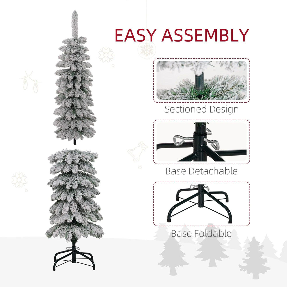 5ft Snow-Flocked Artificial Christmas Tree, Slim Pencil Xmas Tree With 301 Realistic Branches, Metal Base, Green EX-STOCK Canada