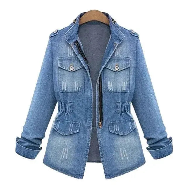 Fitted Zip up Lapel Women Denim Jacket - EX-STOCK CANADA