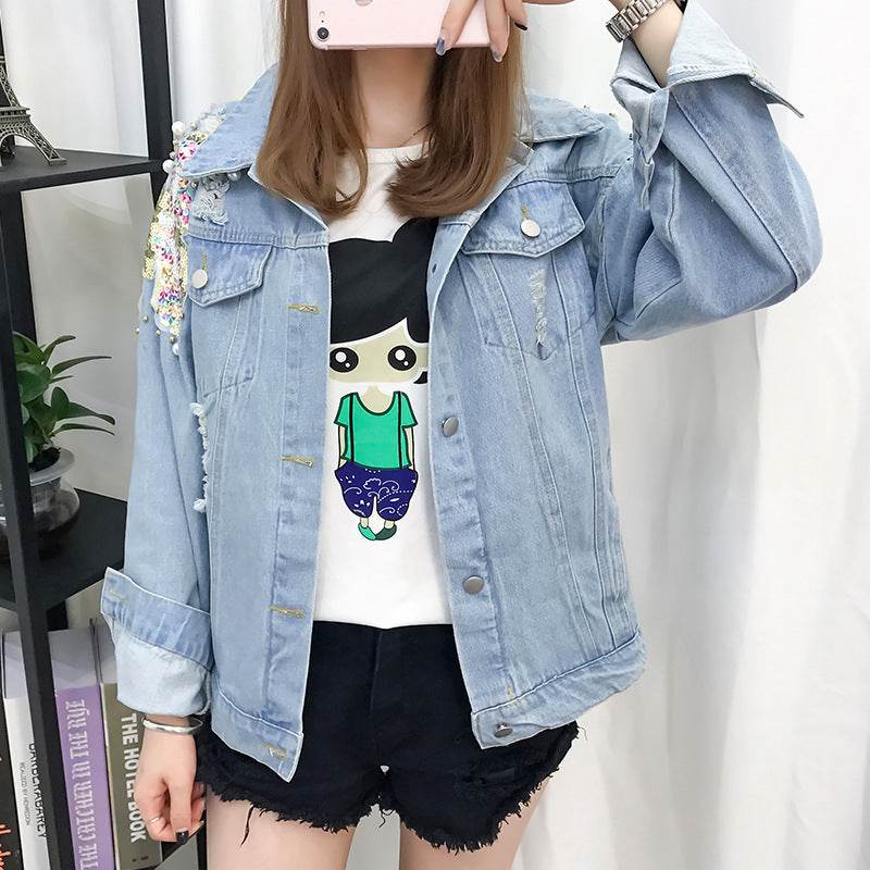 All-match Korean Style Loose Embroidered Denim Jacket Women EX-STOCK Canada