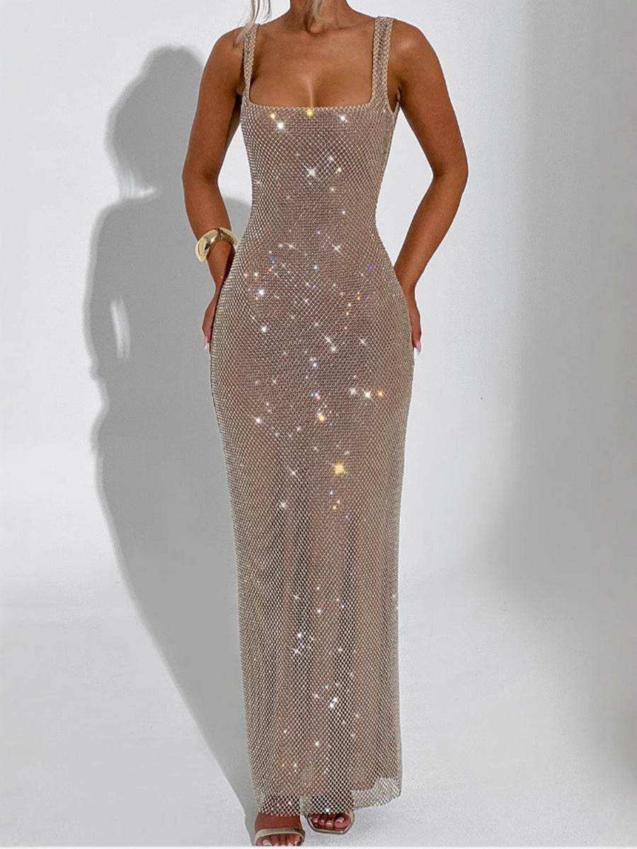 Sleeveless Square neck Suspender Sequined Long Party Dress - EX-STOCK Canada