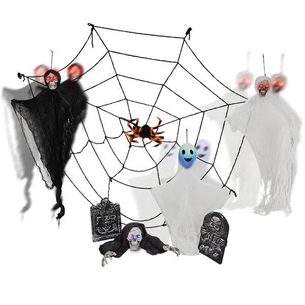 Outdoor Halloween Decorations 8-Piece Set, Hanging Ghosts Decor And Cobweb And Gravestone With Lighted Up Eyes, Scary Swinging Ghost Flying For Yard Patio Lawn Garden - EX-STOCK Canada