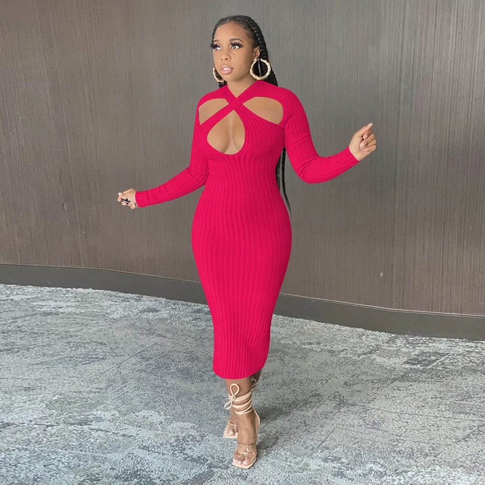 Chic V-neck Long Sleeve Midi Party Club Bodycon Pencil Dress - EX-STOCK Canada