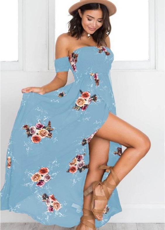 Elegant Ladies Summer Boho Vacation Resort Slit Maxi dress off shoulder Long floral Beach summer slit dress - EX-STOCK Canada