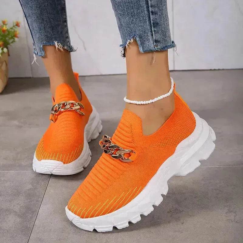 Fashion Chain Design Mesh Shoes For Women Breathable Casual Soft Sole Walking Sock Slip On Flat Chunky Sneakers Shoes for Women - EX-STOCK Canada