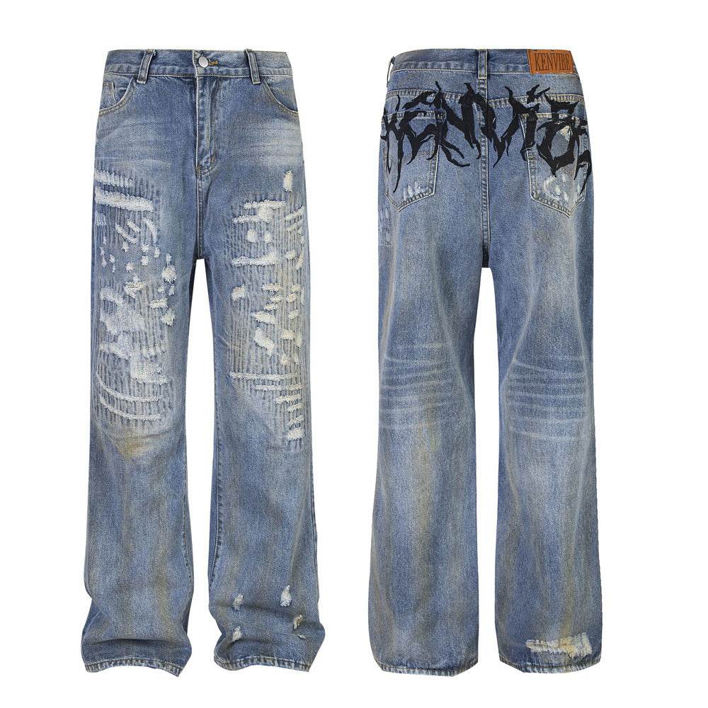 Punk Make Old Ripped Letter Denim Trousers Men Jeans - EX-STOCK Canada