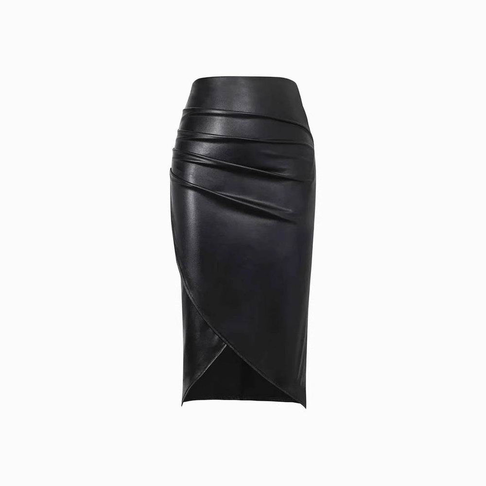 Front Split Leather Skirt Formal Office Work High Waist Sheath midi black Skirt - EX-STOCK Canada