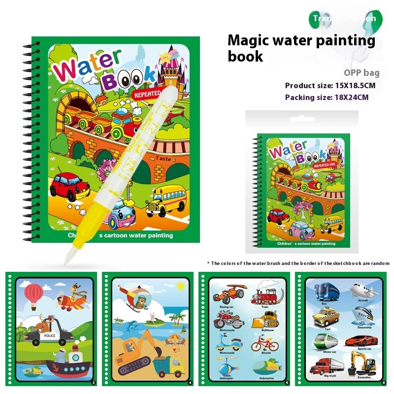 Children's water painting book with colorful illustrations and a water brush, displayed with product dimensions.