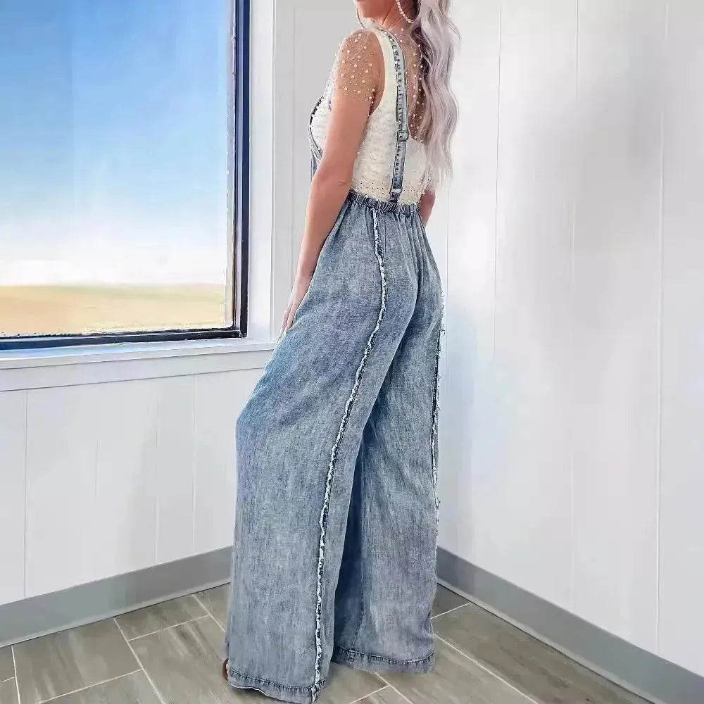 Retro Washed Raw Edge Denim Wide-leg Suspender Denim Jumpsuit Baggy Denim Jeans Jumper - EX-STOCK Canada