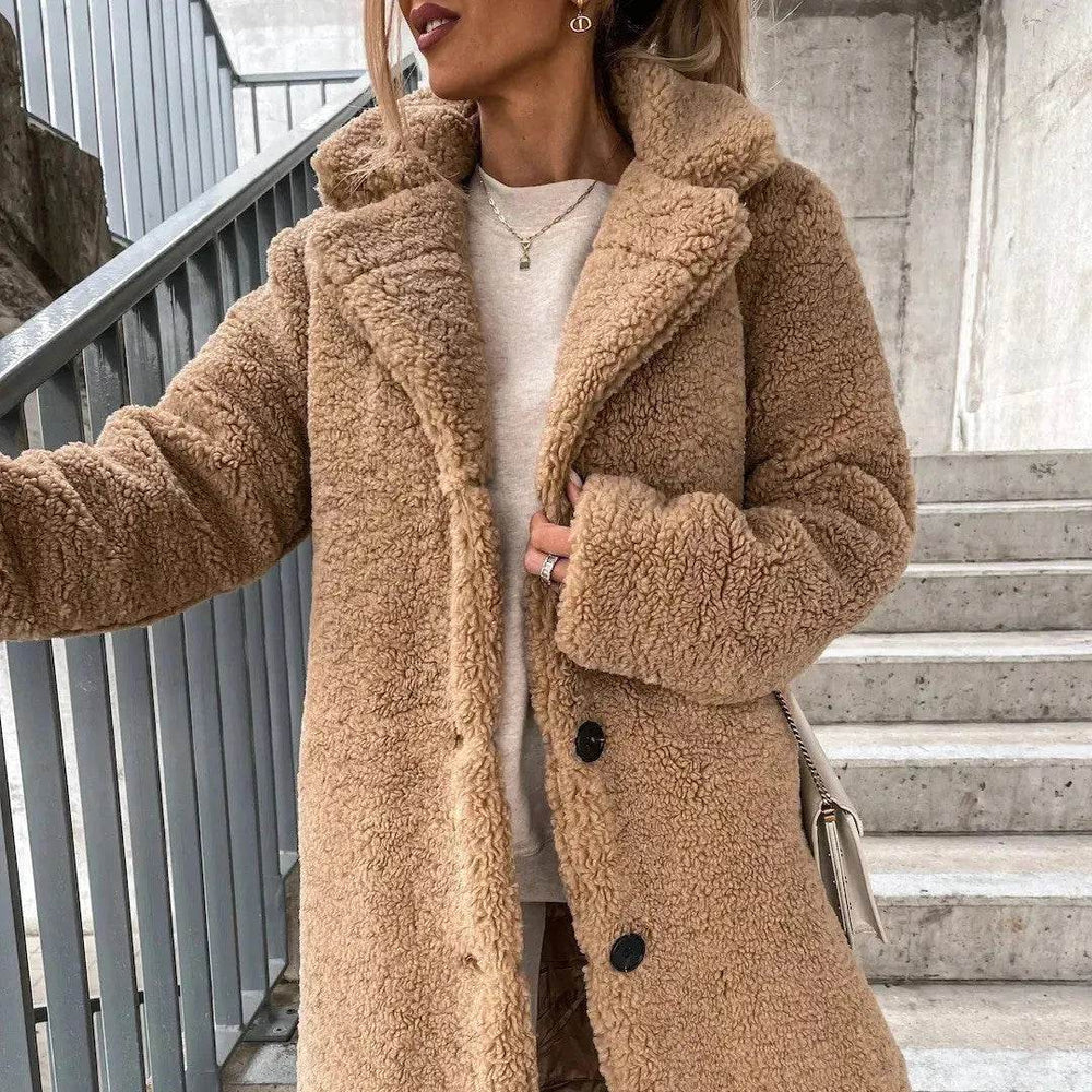 Buy Women's Long-sleeved Lapel Plush Fleece sherpa button Long Winter Overcoat - EX-STOCK Canada