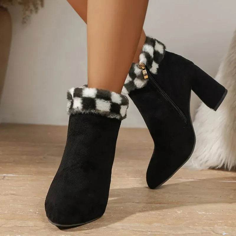 New Plaid Print Plush Ankle Boots Winter Fashion Square Heel Suede Boots Women Casual Versatile Shoes Autumn And Winter - EX-STOCK Canada