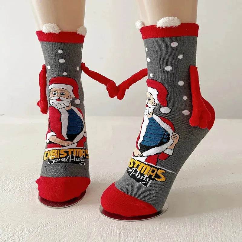 Christmas Magnetic Socks Cute Elk Santa Claus Snowman Hand-holding Socks For Couple - EX-STOCK Canada