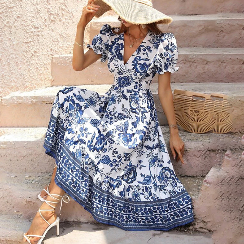 Puff Sleeve dress V Neck Blue Floral Bohemian Midi Dress EX-STOCK