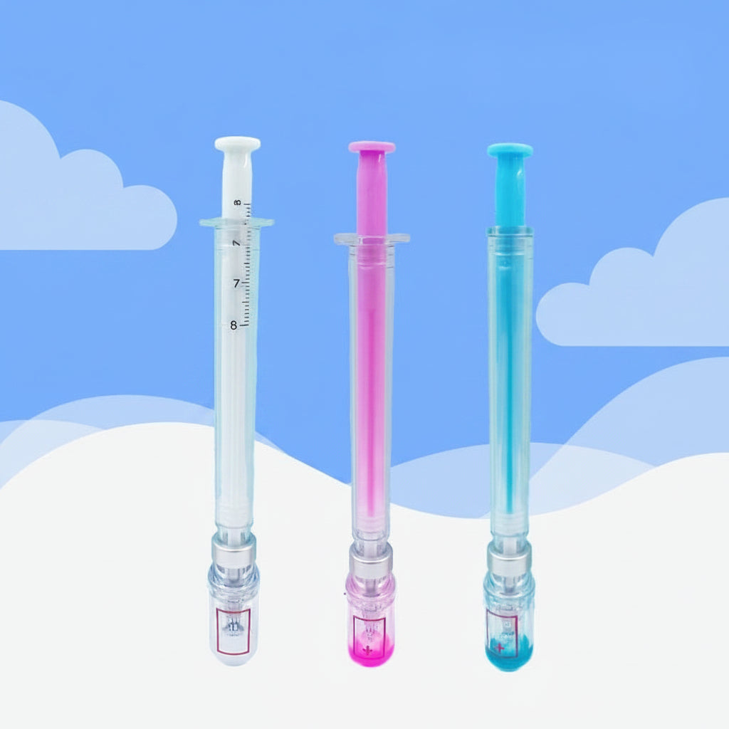 Three syringes with different colored caps on a blue background
