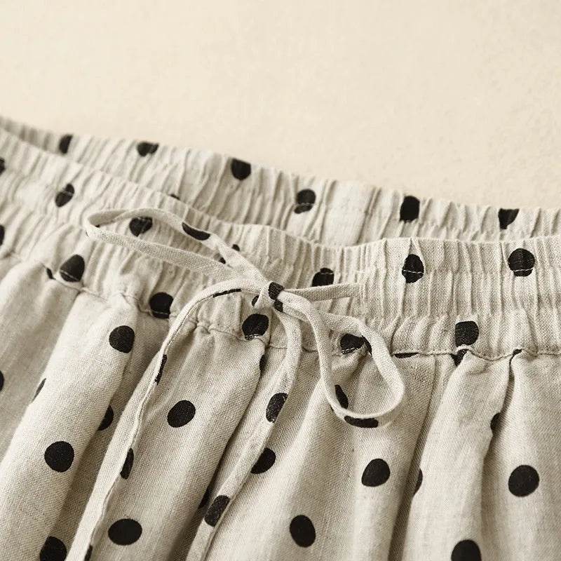 Cotton Hemp Polka Dots Tied Elastic Waist Harem wide leg trouser Pants For Women - EX-STOCK Canada