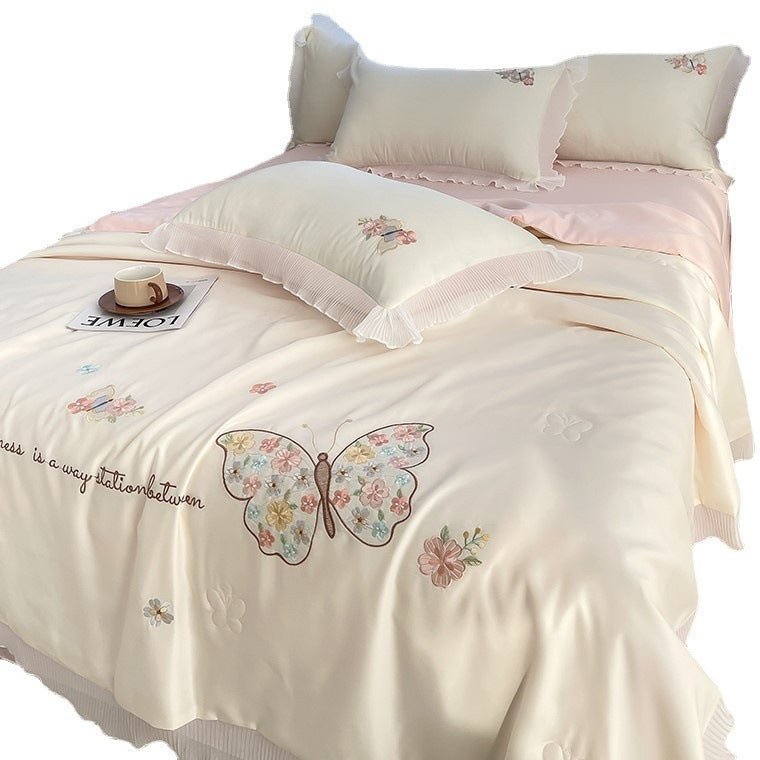 Korean Ice Silk Summer Quilt Four-piece Set Embroidery Lace Air Conditioning Cool Feeling Thin Duvet EX-STOCK Canada