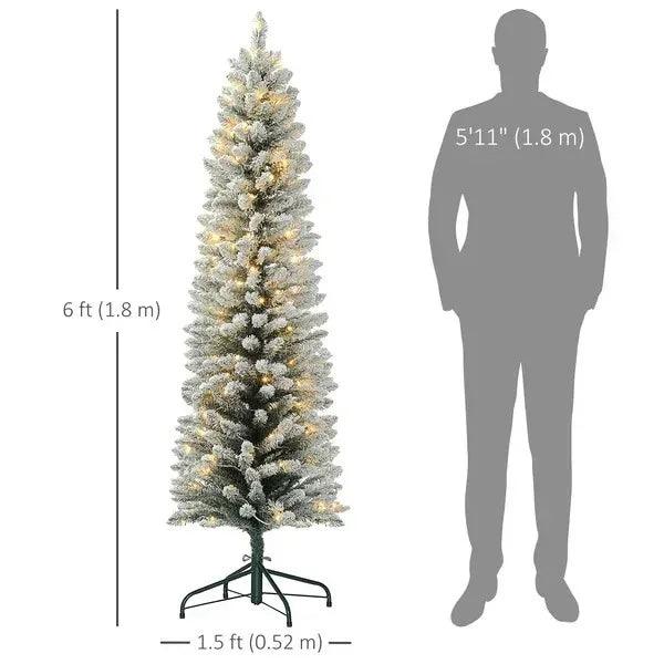 Sapin de Noël artificiel pré-éclairé de 6 pieds avec lumière LED blanche chaude, branches enneigées, base en métal, sapin de Noël en forme de crayonEX-STOCK Canada