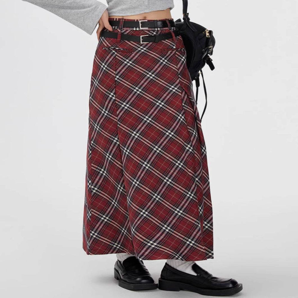 Retro Plaid High Waist student maxi Skirt - EX-STOCK Canada