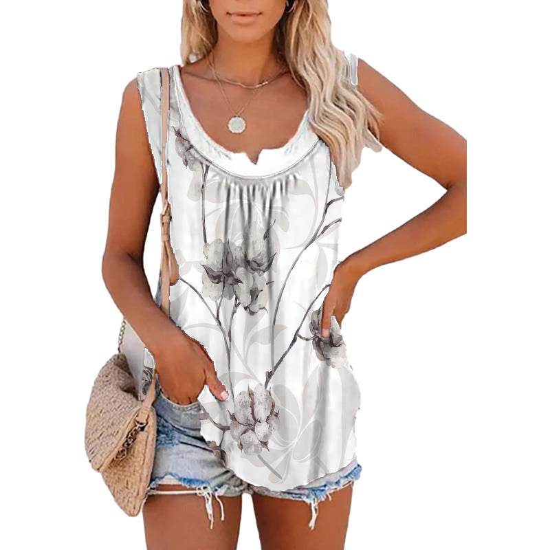 Casual Spring And Summer Tops Printed Sleeveless Pleating Vest T-shirt For Women - EX-STOCK Canada