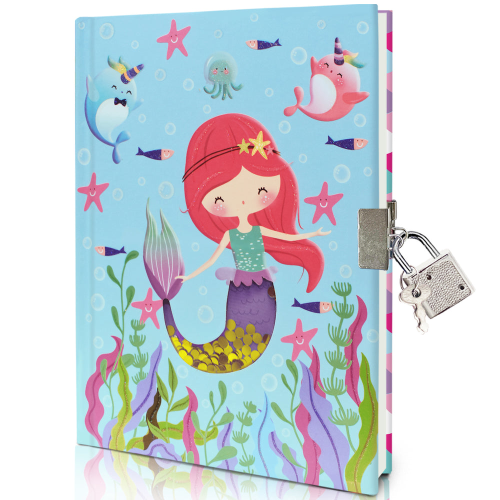 Notebook with a mermaid design on a blue background, featuring a lock.