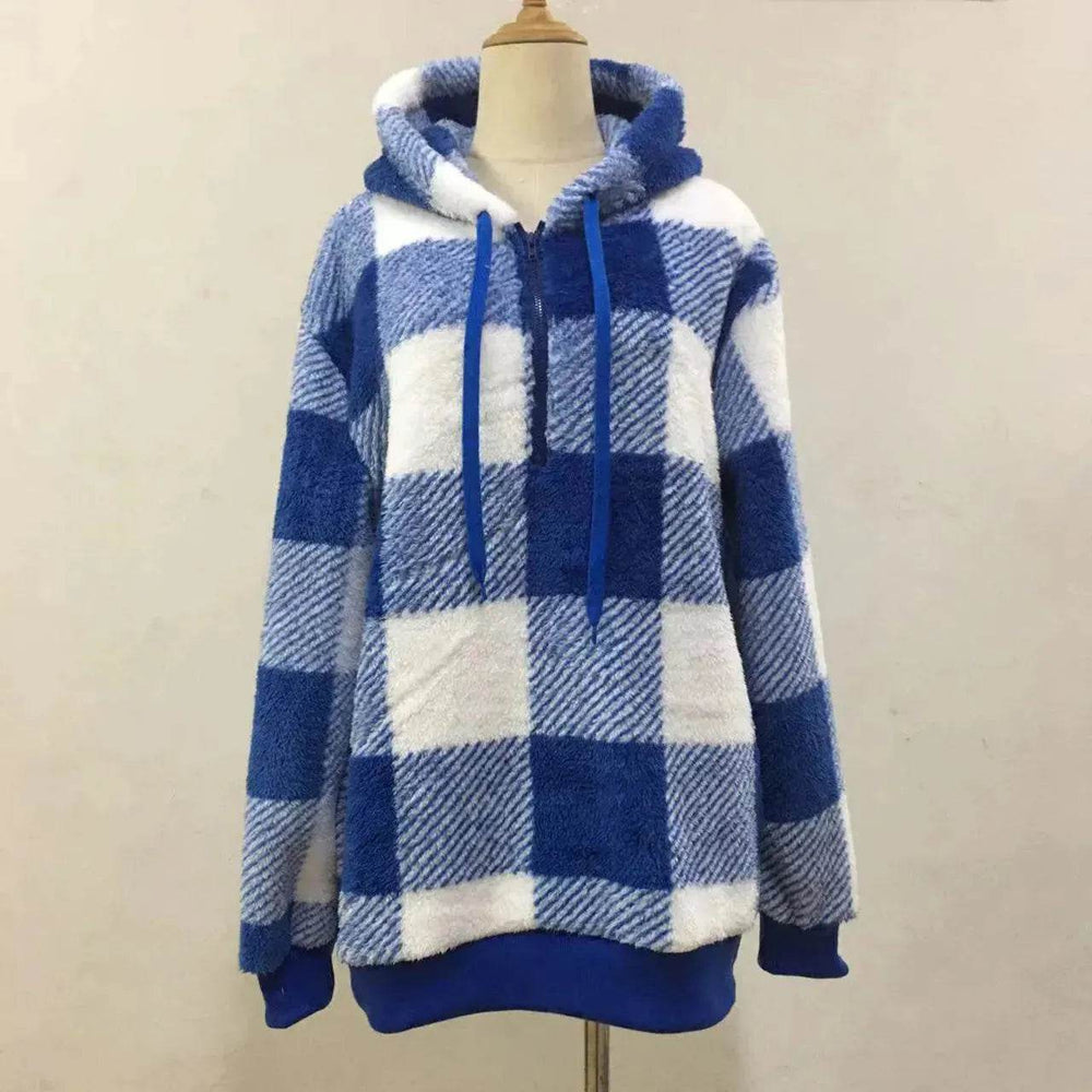 Casual Thick Fleece Plush half zip Plaid Hoodie Pullover top for women - EX-STOCK Canada