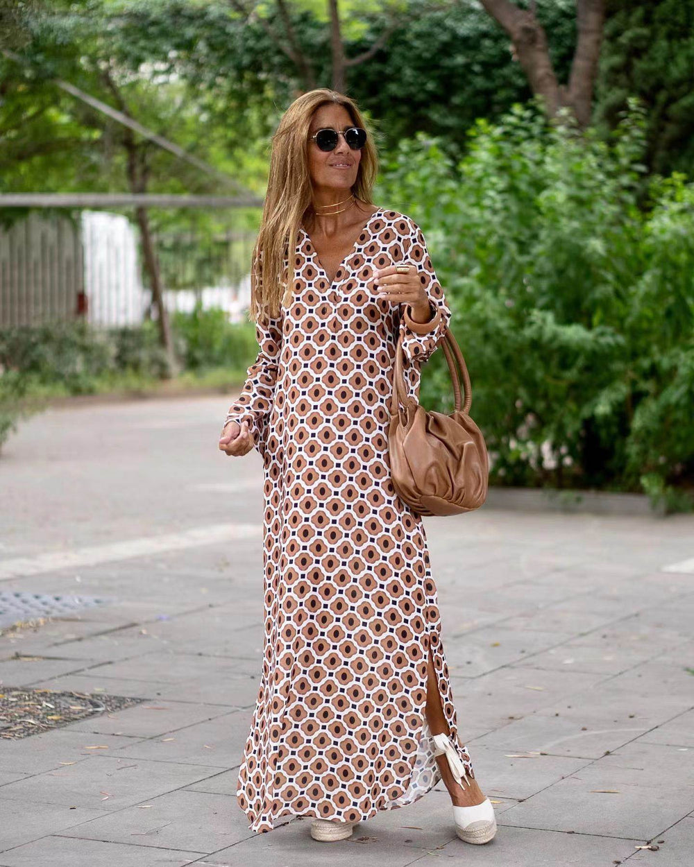 Summer Geometric Printed V-neck Long Dress Fashion Long Sleeve Slit Dresses For Women - EX-STOCK Canada