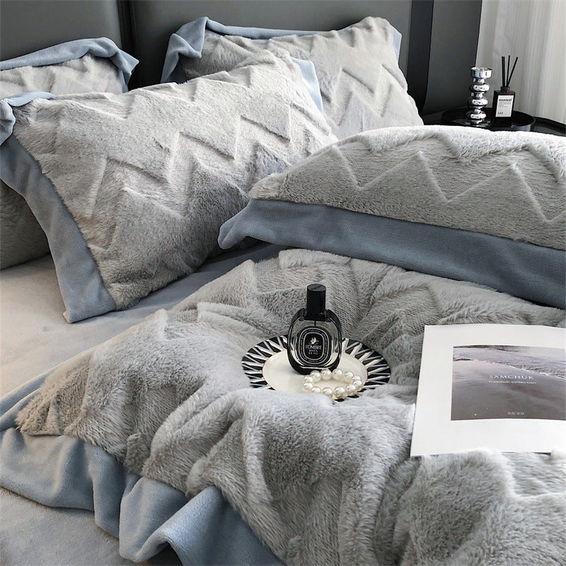 A Four Piece Set Of Rabbit Hair And Milk Velvet Duvet Cover On A Baby Plush Bed EX-STOCK Canada