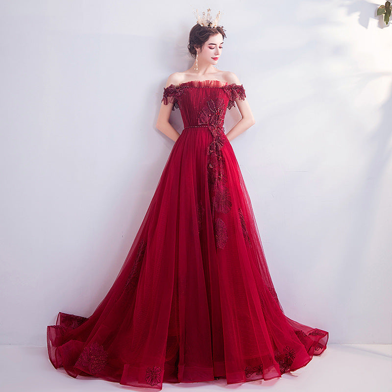 Fashionable Red One-shoulder Wedding Toast Dinner Annual Party Bridesmaid Dress Skirt EX-STOCK Canada
