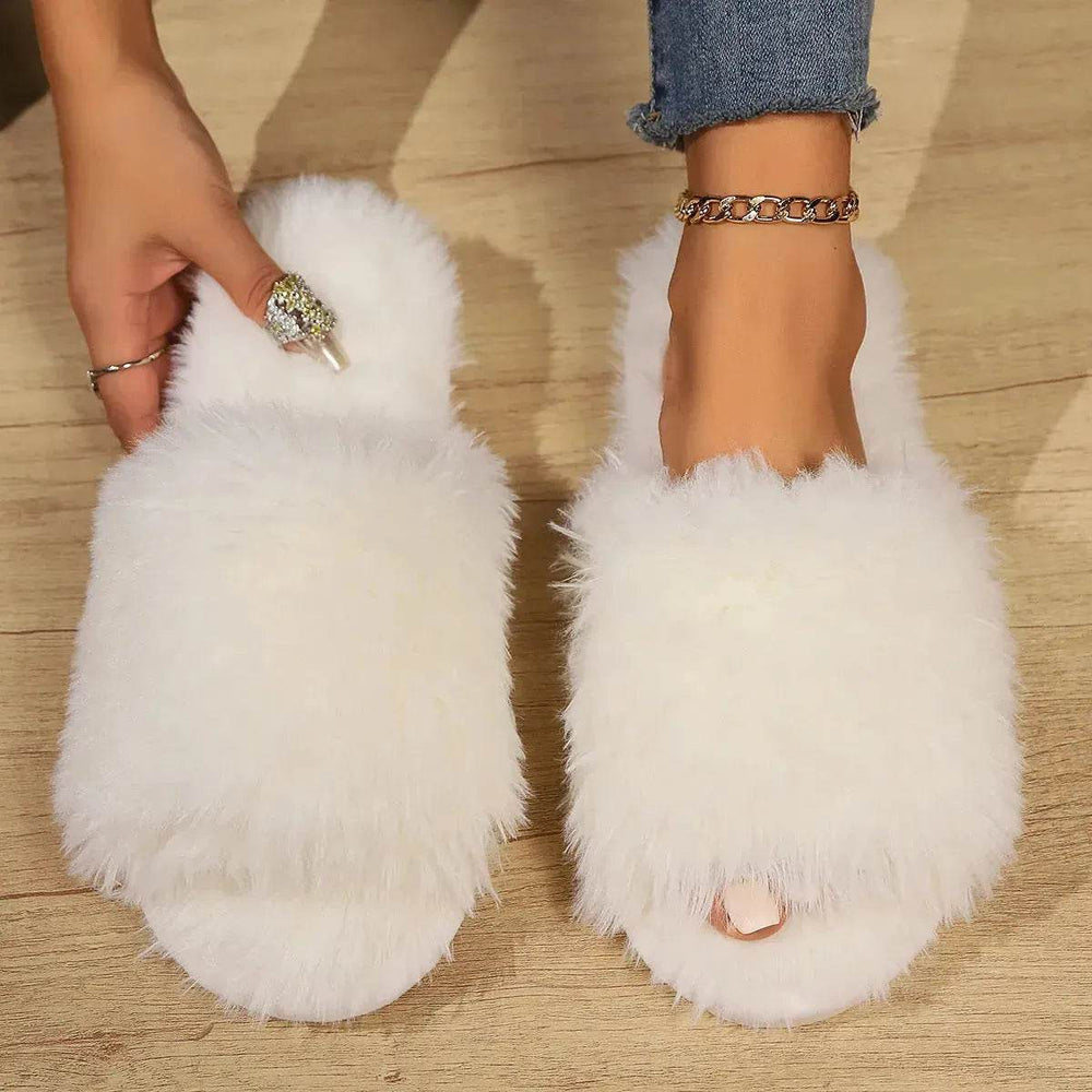 Fashion Open-toed Plush Slippers Winter Warm Indoor Bedroom Floor Soft Fluffy Slipper For Couple Solid Color House Shoes Women - EX-STOCK Canada