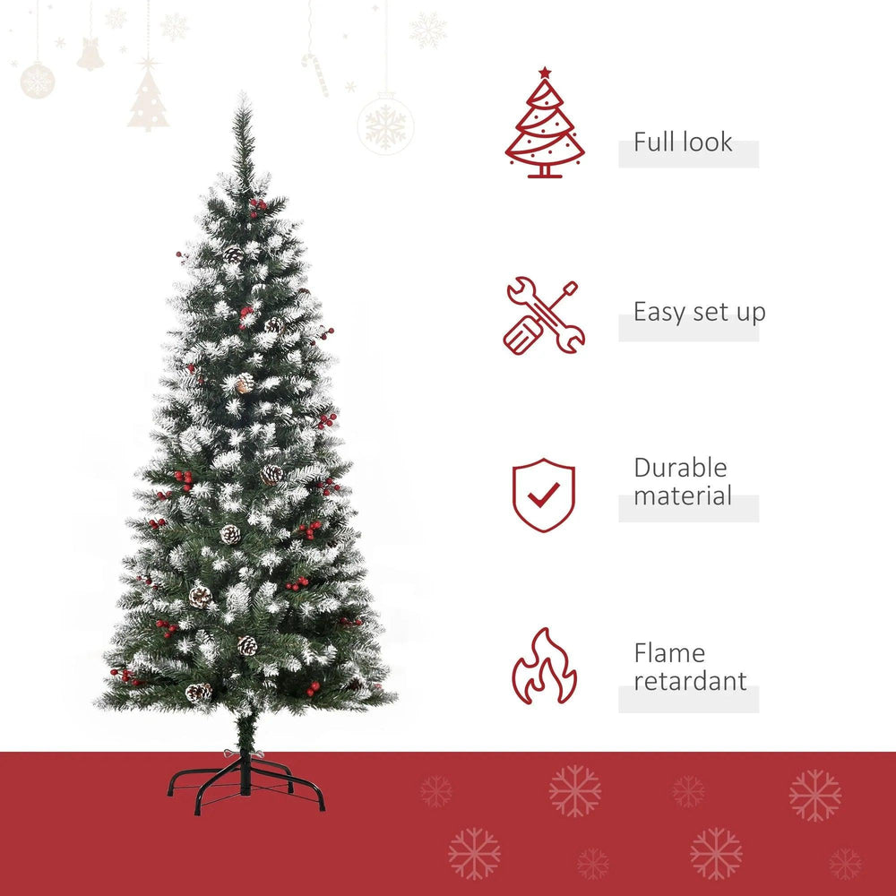 5ft Decorated Christmas Tree With Red Berries And Pine Cones, Flocked Christmas Tree With Pencil Shape, Green EX-STOCK Canada