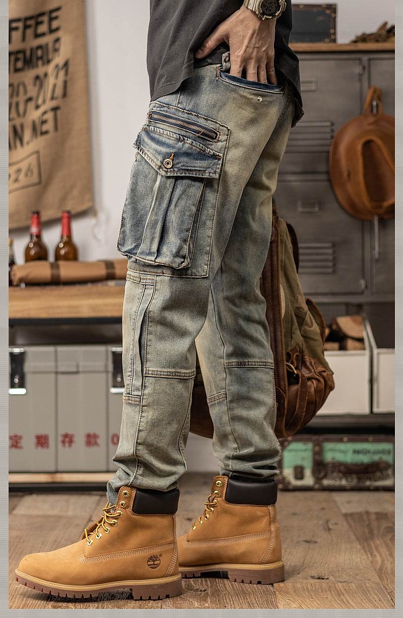 Sprin Autumn Retro Slim Fit Straight Leg Casual Distressed Denim Jeans Cargo Pant Men - EX-STOCK Canada