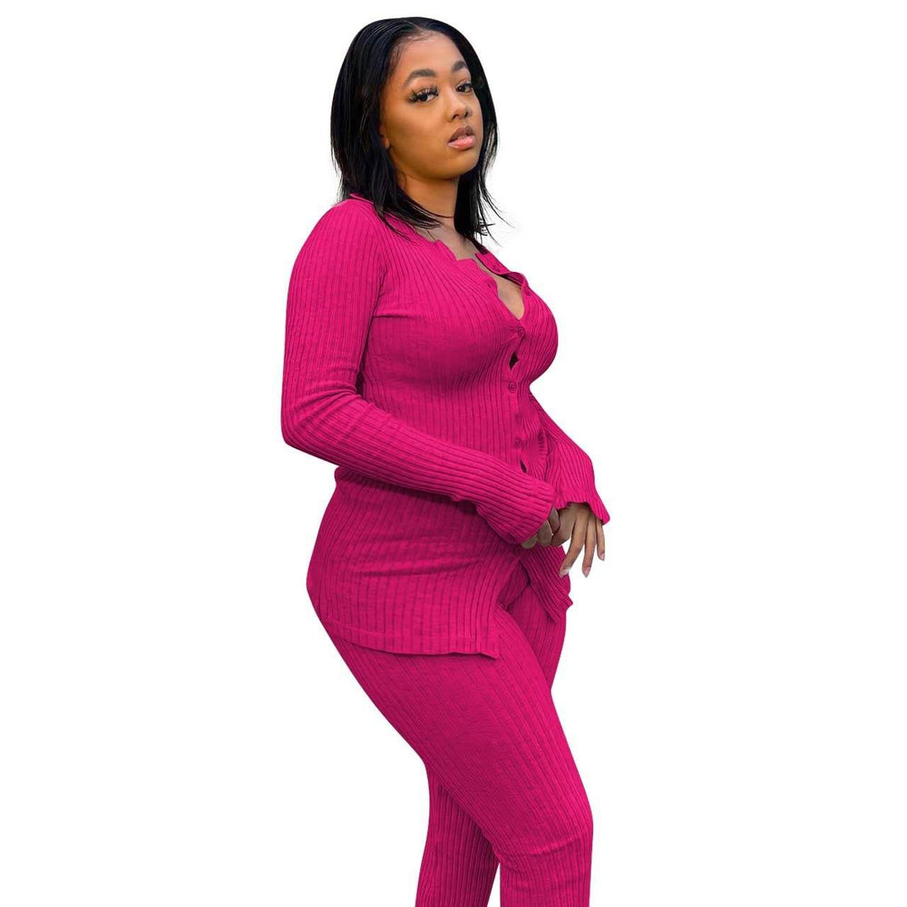 New Fashion Women Casual Slim fit Long sleeve Button down Athleisure wear 2pcs Outfit set - EX-STOCK Canada