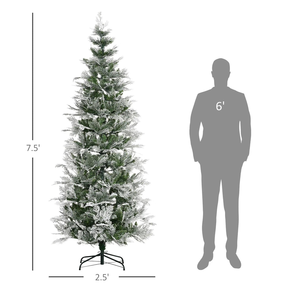 7.5 Feet Pencil Snow Flocked Artificial Christmas Tree With 880 Realistic Cypress Branches, Auto Open, Green EX-STOCK Canada