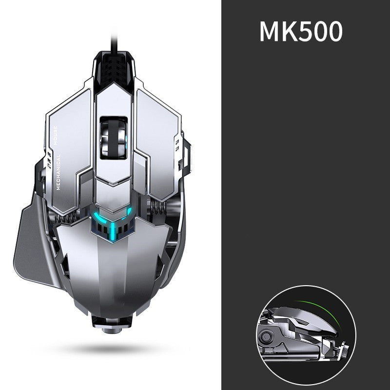 ماوس ألعاب ميكانيكي بعلامة MK500 التجارية على خلفية بيضاء