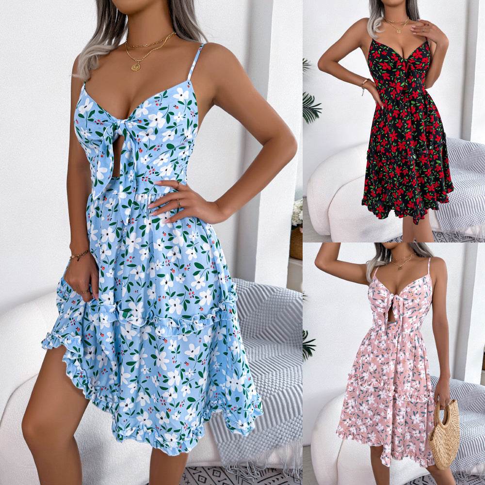 Spring And Summer Leisure Floral Spaghetti floral Midi Dress - EX-STOCK Canada