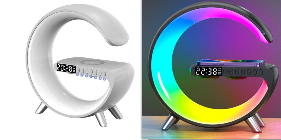 G-Shaped LED Lamp with Bluetooth Speaker & 15W Wireless Charger – App-Controlled Atmosphere Light for Bedroom