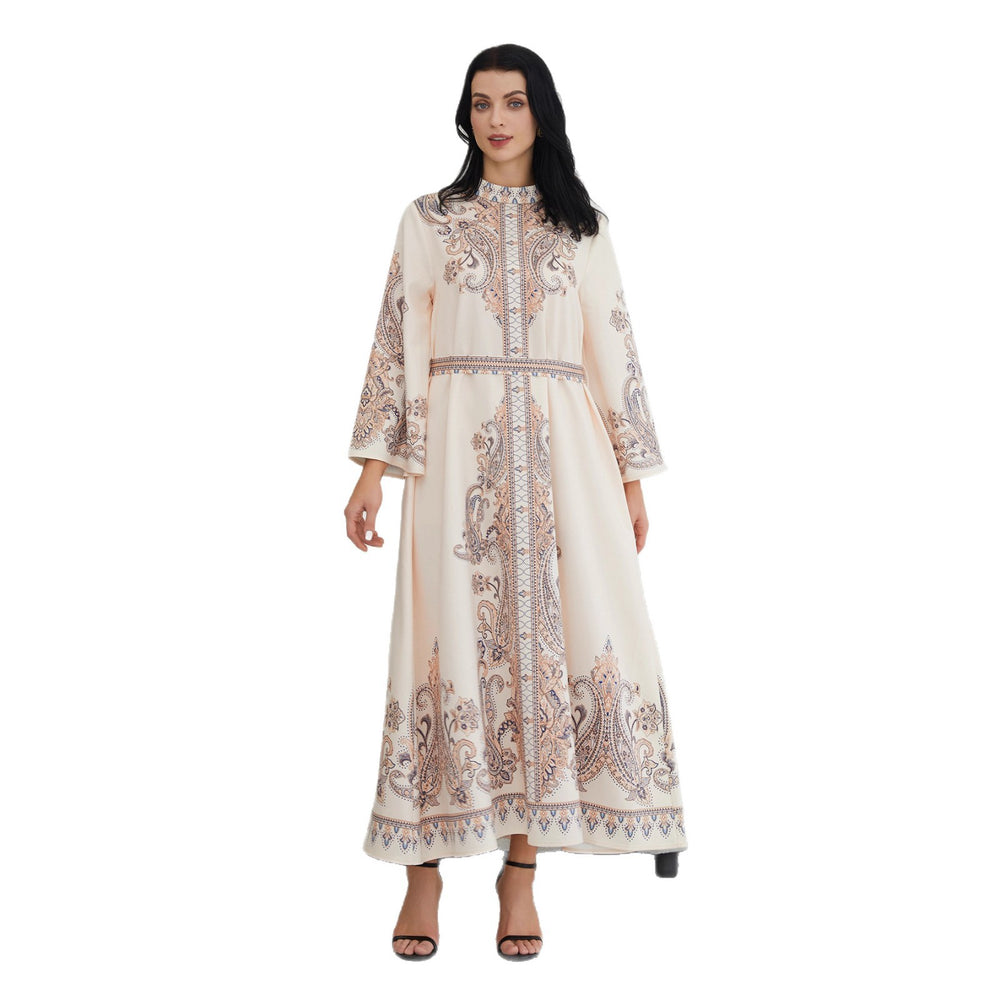Stand Collar Printing Long Retro Muslim Dress - EX-STOCK Canada