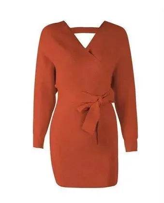 Autumn Winter Slim Fit V-neck Mini Wrap Sweater Dress - EX-STOCK Canada