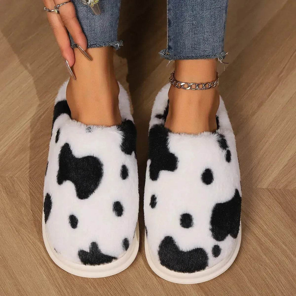 Cute Cow Spotted Plush Slippers Winter Warm Non-slip Bedroom Floor Fuzzy Slipper Couple Women House Shoes - EX-STOCK Canada