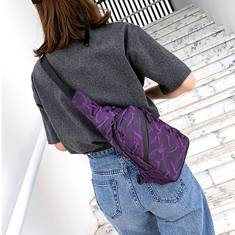 Men's Camouflage Chest Bag – Crossbody Sling Bag with Headphone Hole (Camo Black, Blue, Purple)