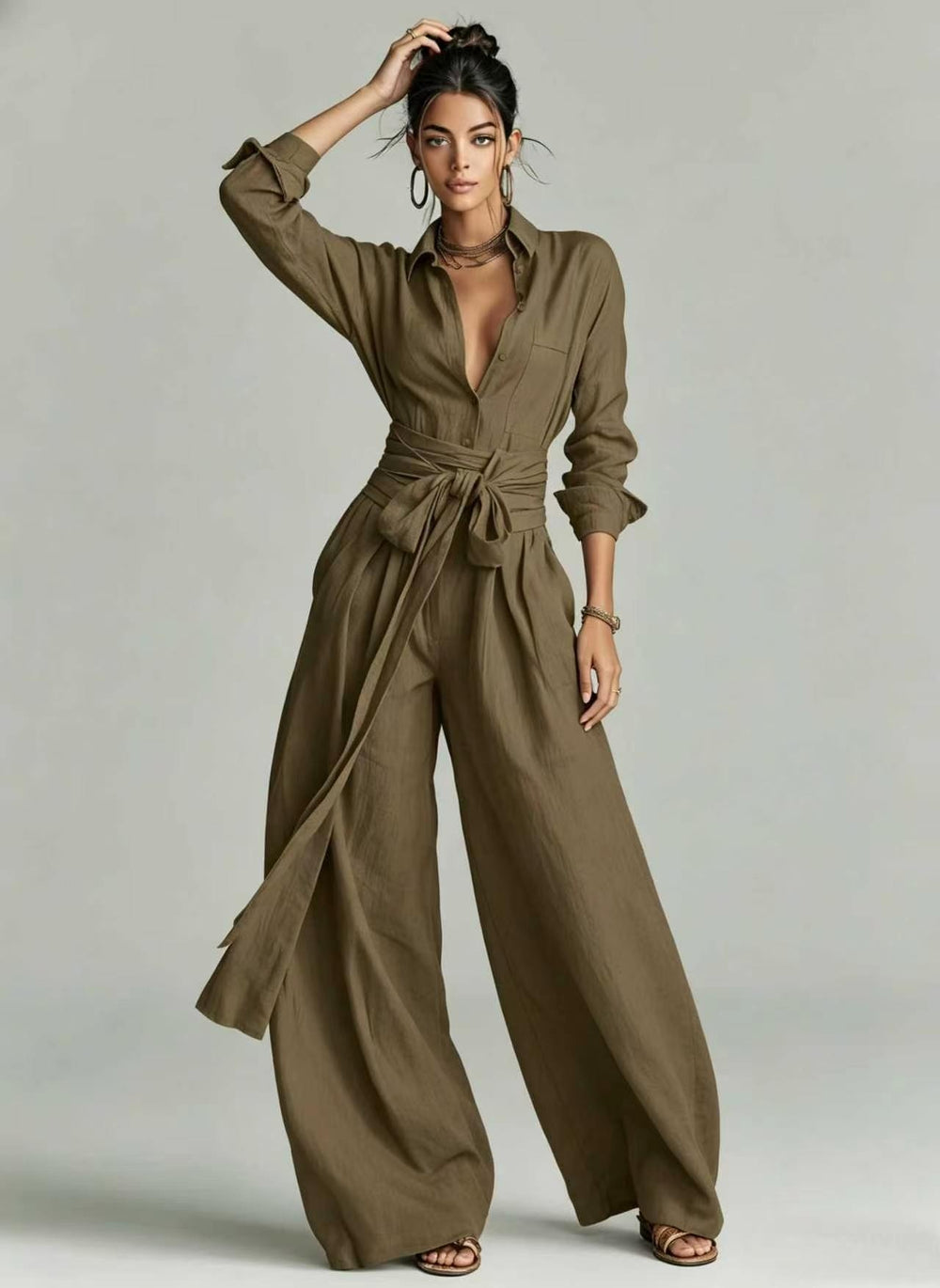 Neutral colour women's linen-blend coordinated set