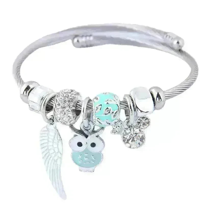 DIY Beaded Owl Angel Wings Pendant Stainless Steel Bracelet - EX-STOCK CANADA