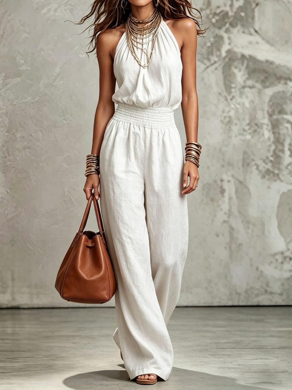 White Women's Halter Neck Backless Wide-Leg Jumpsuit | Sleeveless Lace-Up Onesie